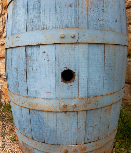 Side of Blue Wooden Barrel