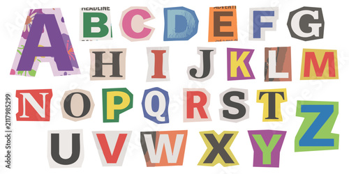 Cuadro en lienzo Alphabet set of colorful letters made from magazine paper clippings with a ranso