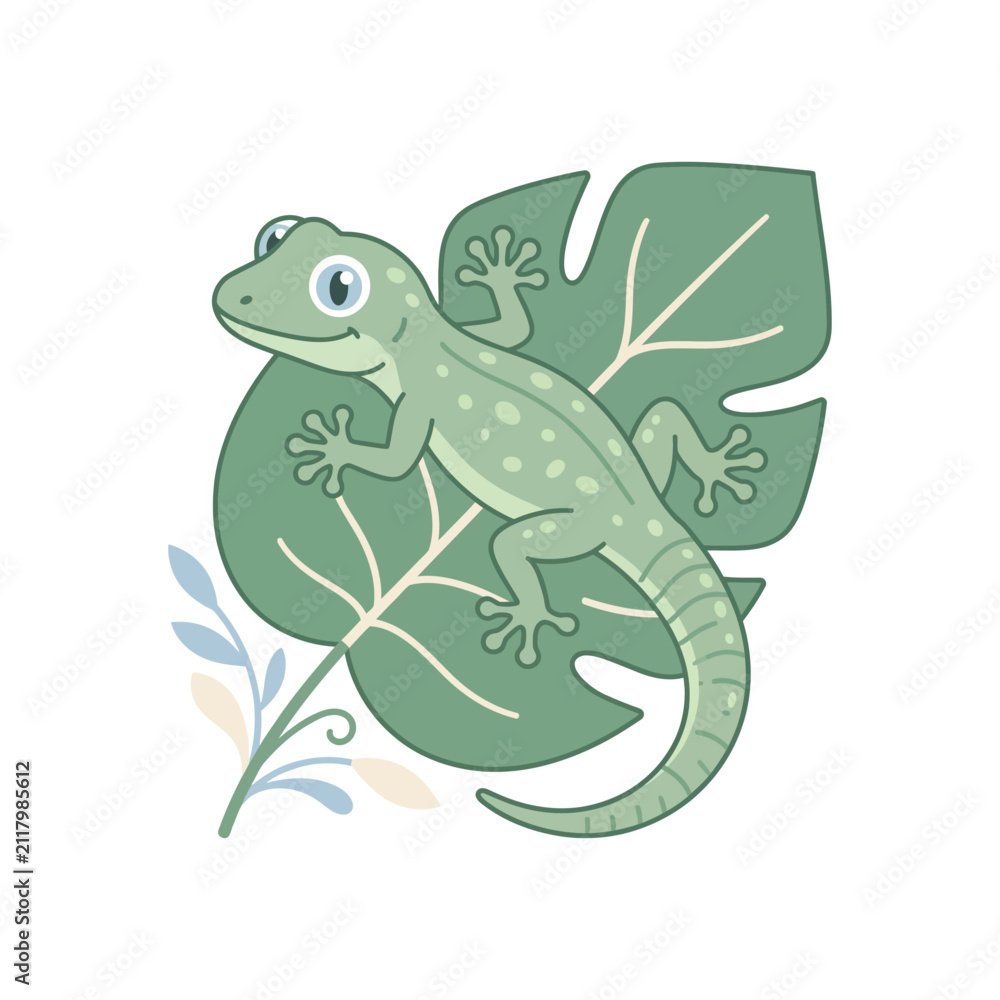 Obraz premium Cute Gecko on Monstera Leaf Vector Illustration
