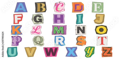 Bild auf Leinwand Colorful English alphabet letters cut out from magazines and newspapers arranged