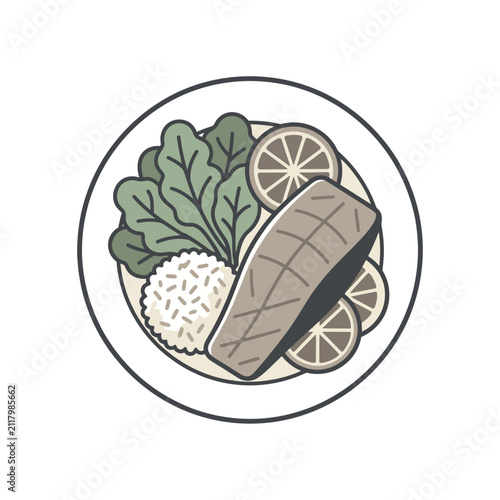 Salmon Fillet with Rice and Greens Vector Illustration
