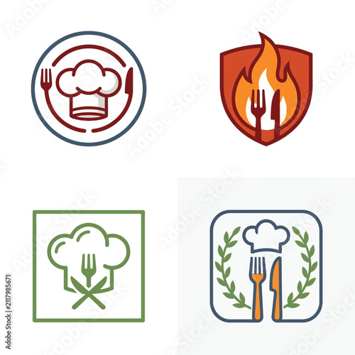 Restaurant and Cooking Logo Icon Set with Chef Hat and Cutlery