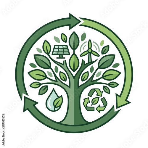 Sustainability Tree Renewable Energy Vector Illustration