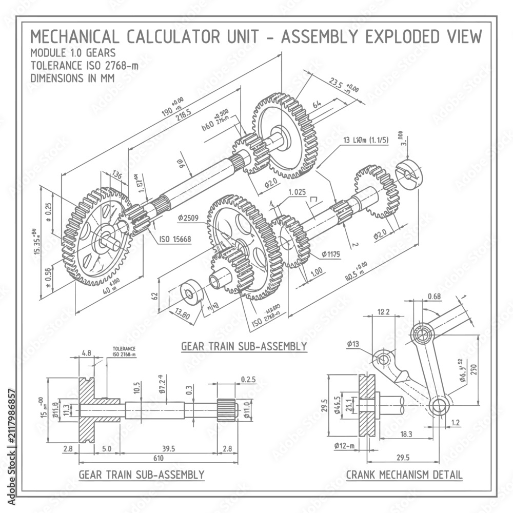 Obraz premium Calculator gear train blueprint displays the precise mechanical layout of rotating shafts and drive modules for complex counting devices.