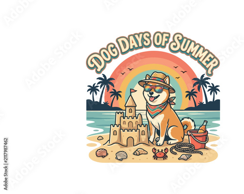 Dog Days of Summer French Bulldog Pool Float Tropical Beach Retro Sunset Vector Illustration