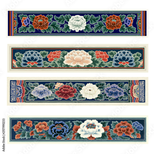 Traditional Korean Dancheong floral pattern borders and decorative stripe elements