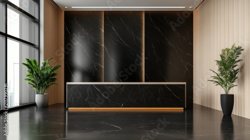 Luxury Office Reception Black Marble Finishes Elegant Executi Corporate Entrance Scene, luxury office reception interior, executive business lobby, premium corporate design