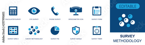 Survey methodology icon set. Containing calculator, eye, phone, speedometer, survey form, data grid, respondent group, pie chart, shield, survey timer and more. Solid fill vector icons.