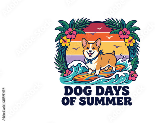 Dog Days of Summer Corgi Surfing Tropical Beach Waves Retro Sunset Vector Illustration