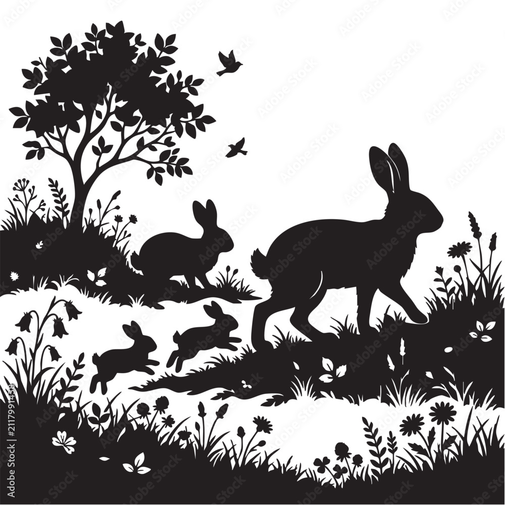 Obraz premium rabbit nature silhouette vector, black bunny wildlife landscape isolated on white background