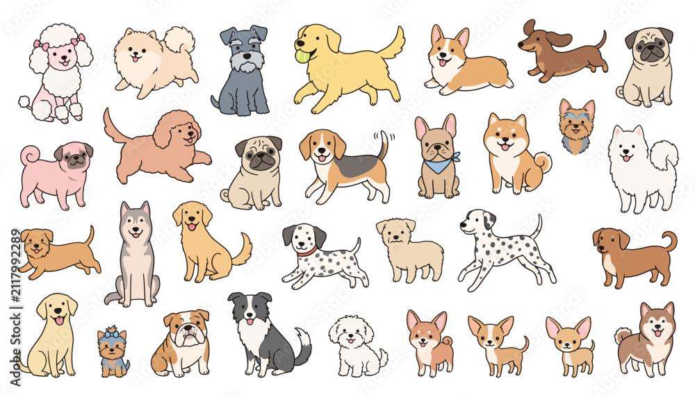 Obraz premium Large collection of cute hand-drawn style dog breeds illustrations on white background depicting various happy puppy characters