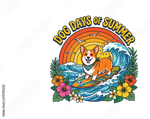 Dog Days of Summer Corgi Surfing Tropical Beach Waves Retro Sunset Vector Illustration