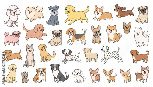Large collection of cute hand-drawn style dog breeds illustrations on white background depicting various happy puppy characters