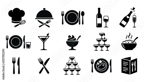 Collection of black and white dining and restaurant icon set featuring food beverages cutlery and chef equipment symbols, restaurant