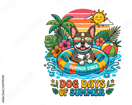 Dog Days of Summer Cute French Bulldog Floating on Inflatable Ring in Tropical Water Vector Illustration