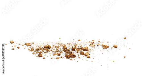 Scattered clods of dirt, soil isolated on white background, side view, with clipping path