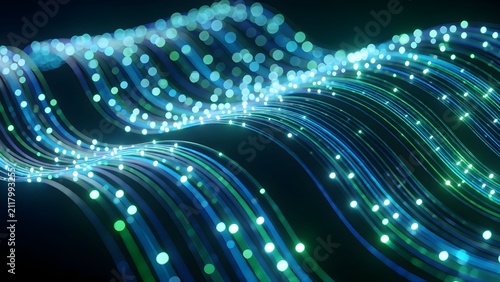 Futuristic digital network waves glowing with interconnected data points in vibrant blue neon