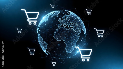 Futuristic global ecommerce network with interconnected shopping carts orbiting a digital Earth