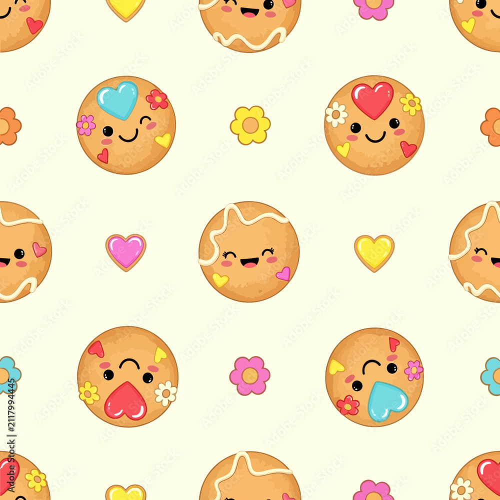 Fototapeta premium Cute Kawaii Cookies and Flowers Pattern