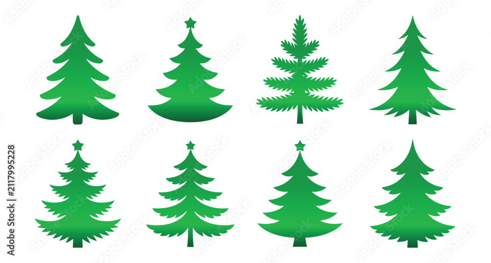 Obraz premium Collection of Christmas Trees: A vibrant assortment of stylized green Christmas trees, showcasing various shapes and sizes, ready for festive decoration and holiday cheer.
