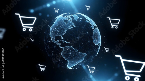 Futuristic global ecommerce network with glowing shopping carts and digital earth illustration