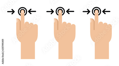 Obraz na płótnie Gesture Control Icons: Three illustrative icons depict a human finger performing a precise pinch-to-zoom gesture on a touchscreen interface, indicating digital interaction and device navigation