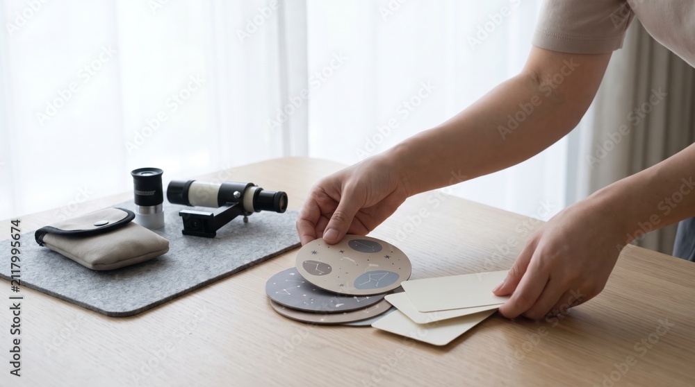 Fototapeta premium Person sorting round educational cards with star constellations on a desk beside a small telescope
