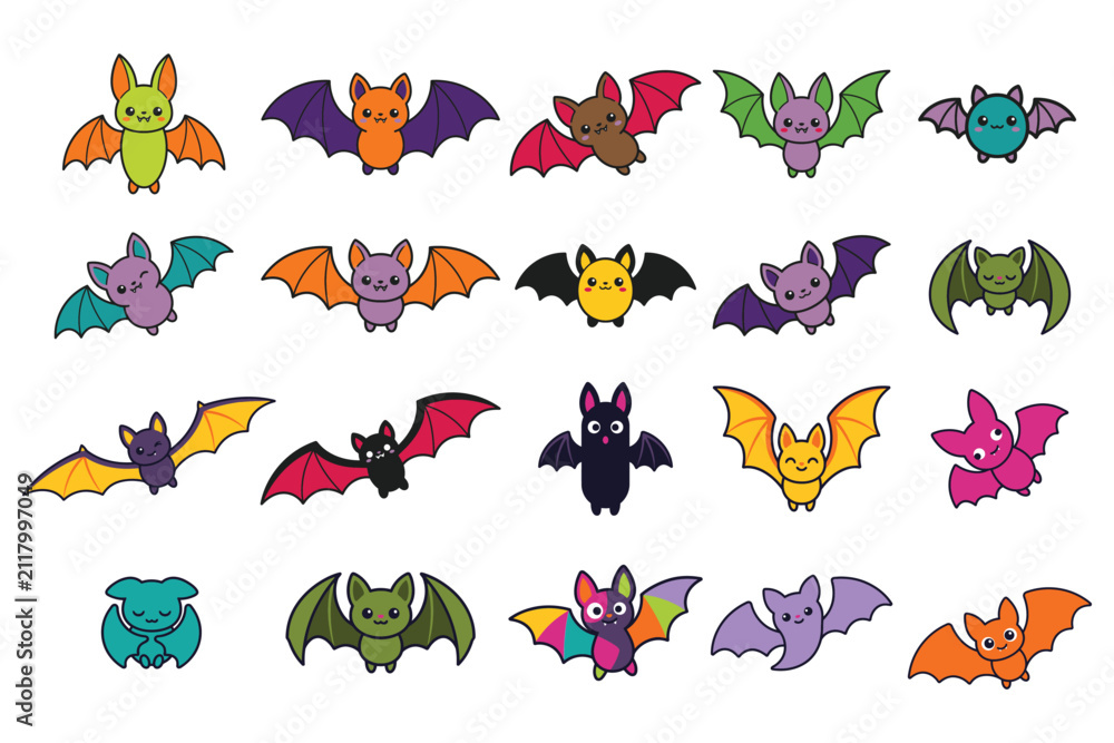 Obraz premium Set of colorful cartoon bats for halloween vector illustration collection with various cute flying creatures