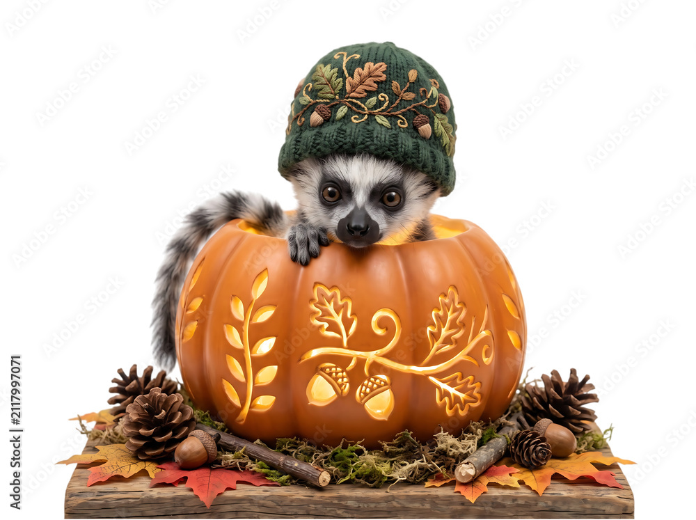 Fototapeta premium Cute lemur wearing a green knit hat inside a glowing carved pumpkin isolated on background