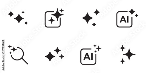 Generative AI logo icon magic sparkle stars symbol .AI generate. AI Sparkle Generate Symbol Icon Set for Artificial Intelligence Applications, Machine Learning Interface and Web UI Design. 