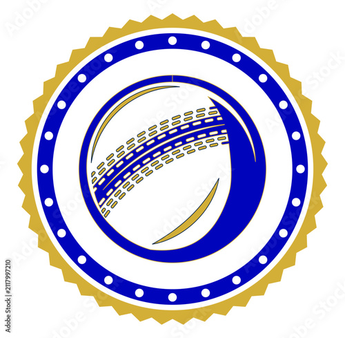 Blue and gold cricket illustration with a ball emblem in a circular badge. A classic badge design perfect for apparel, patch and stationery merchandise.