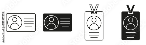 Identification card icon set. ID badge, employee pass, profile card, and staff credential symbols representing personal identity, workplace access, security, and business authentication.