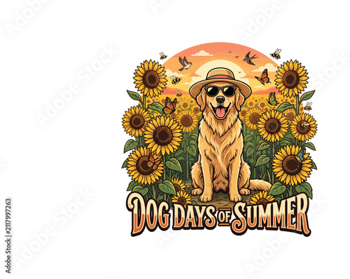 Dog Days of Summer Cute Golden Retriever Wearing Sunglasses and Straw Hat in Sunflower Field Vector Illustration