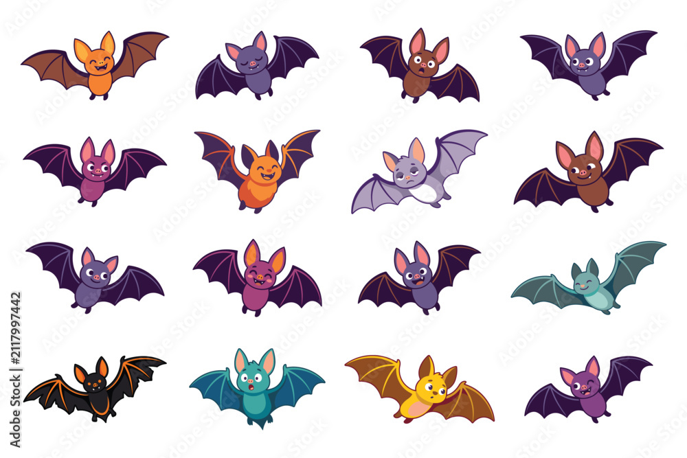 Obraz premium Spooky cute bat characters set for Halloween. Flat vector elements of purple, orange, and green flying bats