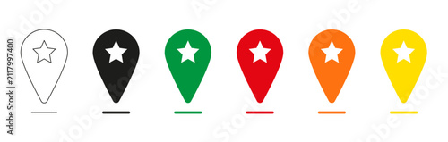 Favorite location icon. Map pin with star, featured place, saved destination, landmark, and navigation marker symbols representing travel, ratings, recommendations, and geolocation.