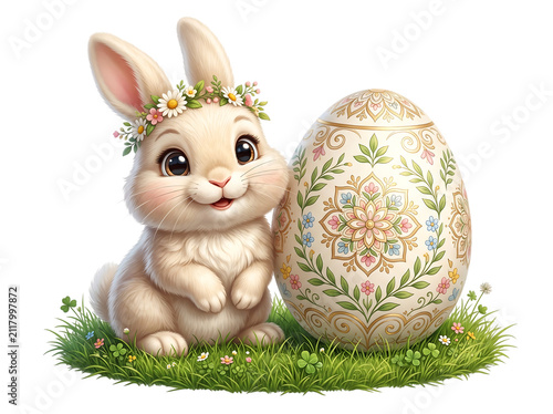Cute Easter bunny with floral wreath and ornate egg isolated on transparent background cutout