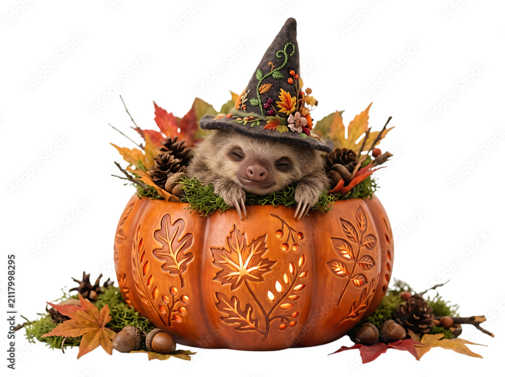 Fototapeta premium Cute sloth wearing a witch hat inside a carved pumpkin isolated on transparent background