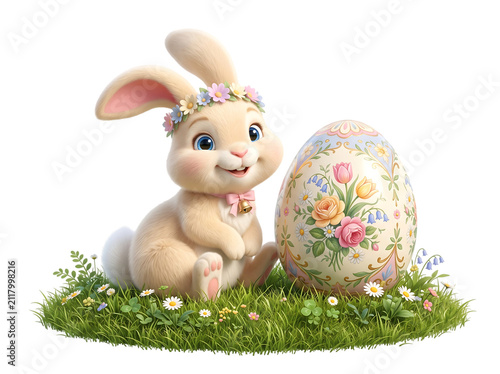 Cute bunny wearing a flower crown sitting next to a decorated egg isolated on transparent background