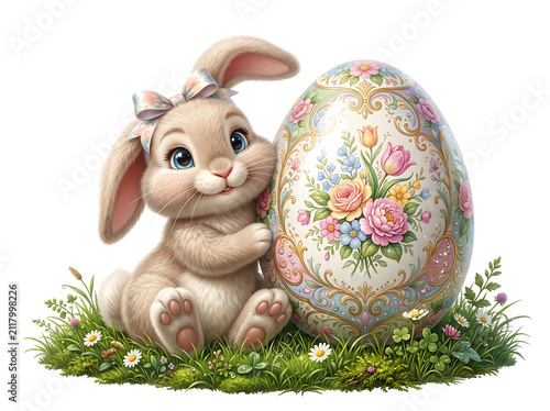 Adorable fluffy bunny with a bow hugging a floral decorated egg isolated on transparent background