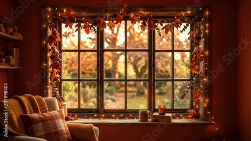 Cozy autumn window decorated with fall leaves, fairy lights, books, and a mug in a warm living room.