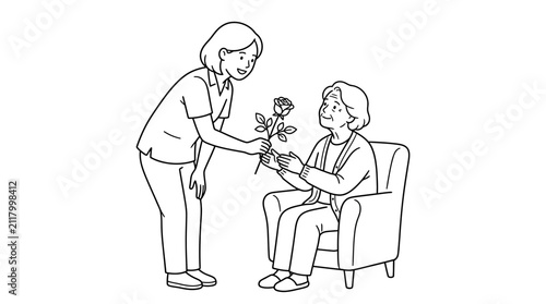 Young female caregiver giving a beautiful flower to a senior woman sitting in an armchair