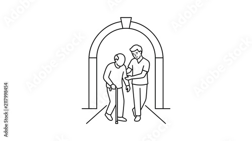 Young Male Caregiver Assisting Senior Man with Walking Cane Under Archway Line Art Illustration