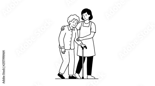 Young nurse or daughter assisting elderly woman with walking cane line art illustration