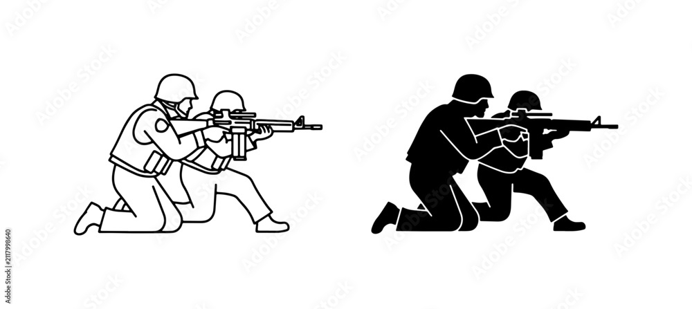 Obraz premium Military Soldiers Aiming Rifles, Combat Teamwork, Tactical Operation, Vector Icons
