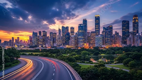 A vibrant city skyline glows during a beautiful golden sunset