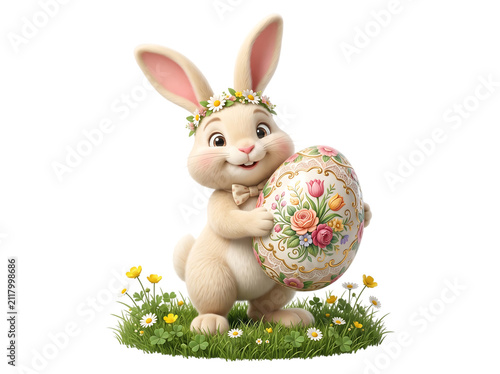 Cute Easter bunny holding a floral egg isolated on transparent background for holiday design