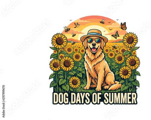 Dog Days of Summer Cute Golden Retriever Wearing Sunglasses and Straw Hat in Sunflower Field Vector Illustration