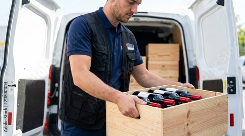 Delivery man carrying a wooden crate filled with red wine bottles from a van.