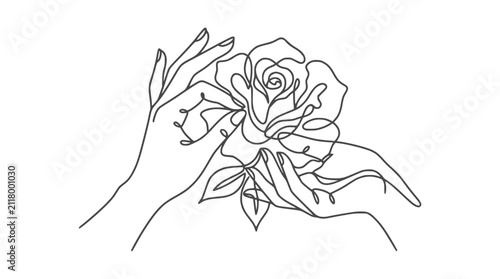 Minimalist Continuous One Line Drawing of Elegant Hands Holding a Blooming Rose Flower