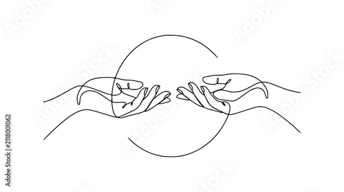Minimalist Continuous One Line Drawing of Two Hands Reaching Together with Circle